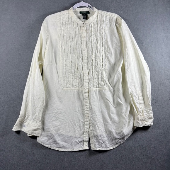 Lauren Ralph Lauren Tops - Lauren Ralph Lauren Women 1X Cream Linen Pintuck Band Collar Button Up Shirt LRL